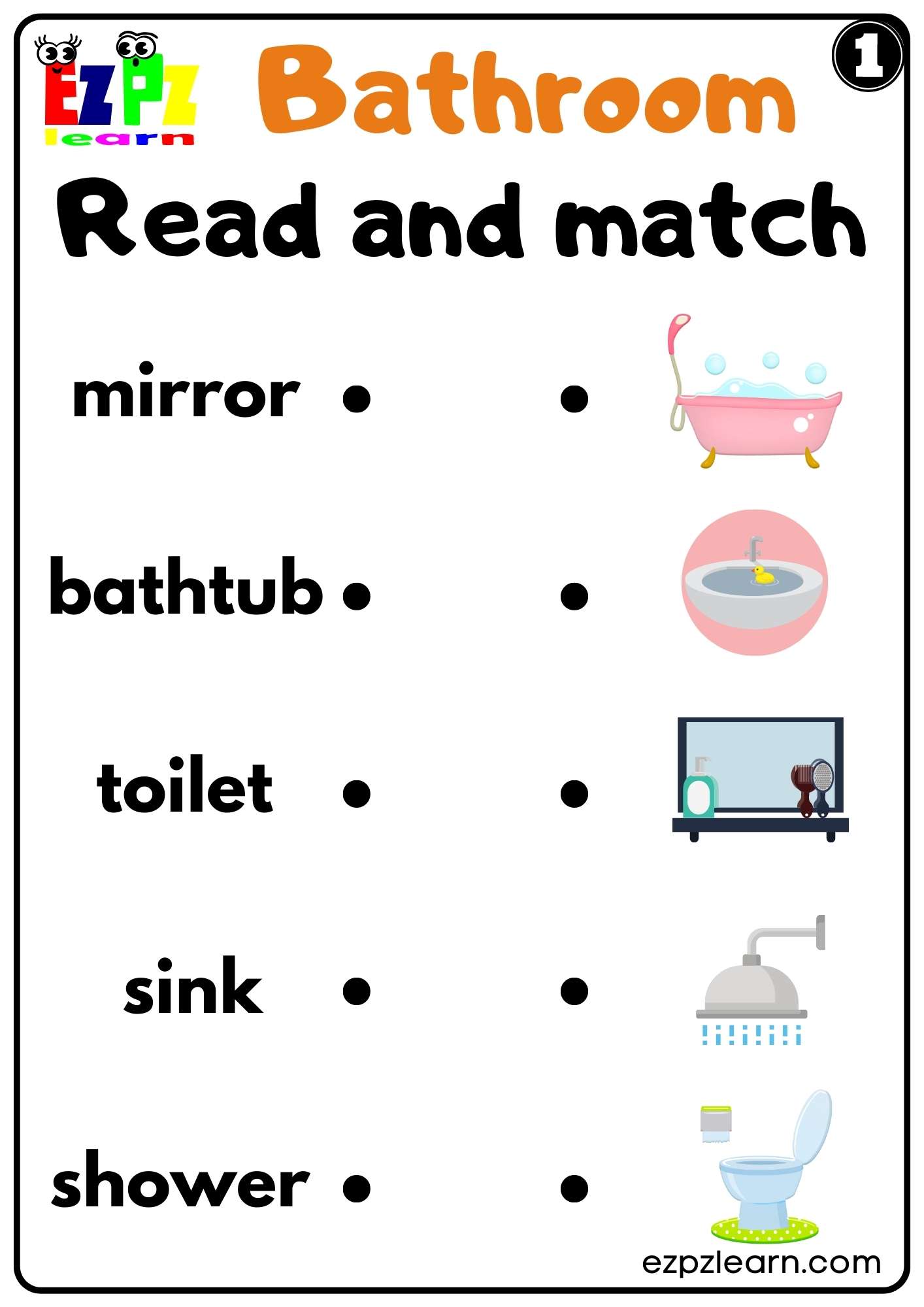 Bathroom Read and Match Worksheet for Kids K5 and ESL Free PDF Download Set 1